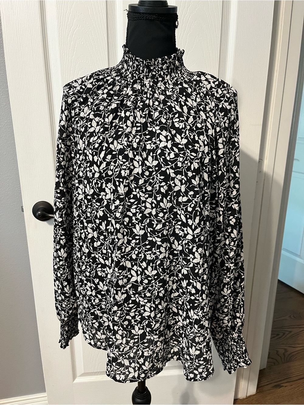 LOFT Black and White Floral Smocked High-Neck Blouse